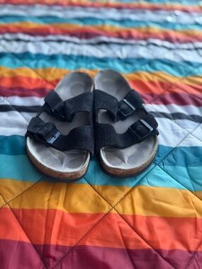 Birkenstock Black Suede Two-Strap Slide Sandals